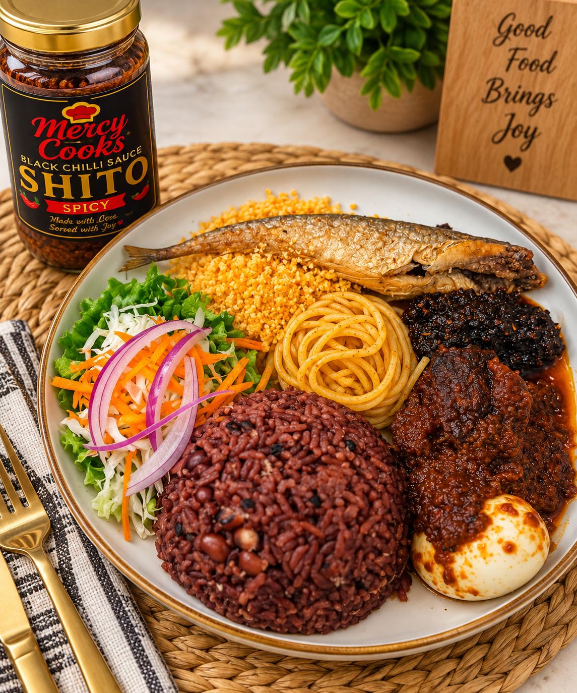 Waakye (rice and peas) with mercy cooks Shito